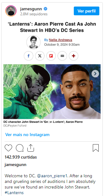 image-2 Lanternas | James Gunn dá boas-vindas ao ator Aaron Pierre que fará John Stewart